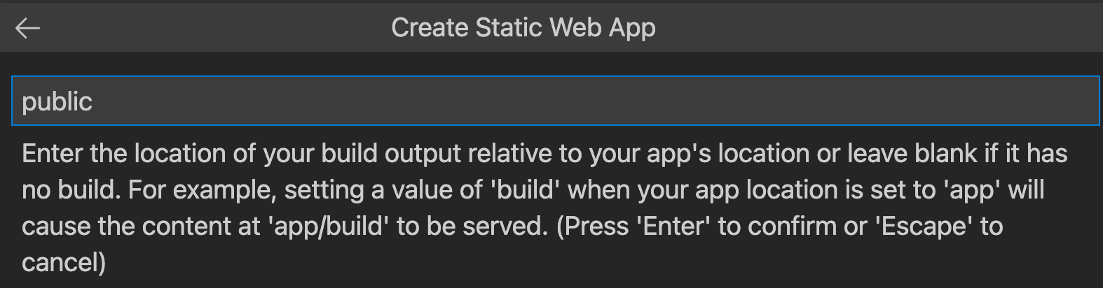 Screenshot showing how to enter the build output location for Svelte.