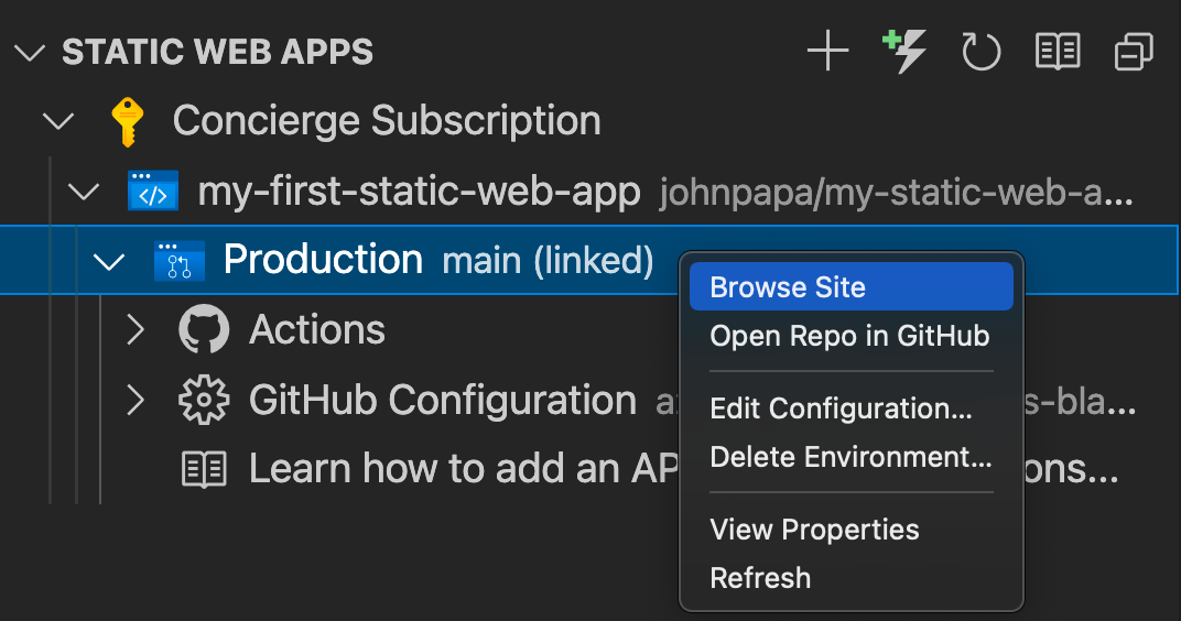 Screenshot showing how to browse to your static web app site.