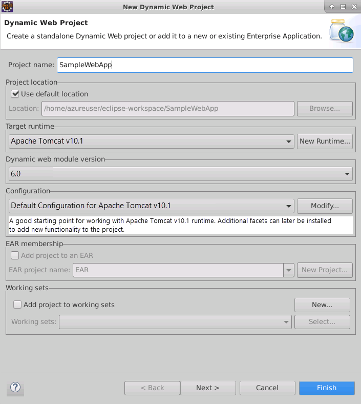 Screenshot of the Dynamic Web Project wizard in Eclipse.