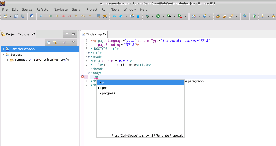 Screenshot of the HTML editor in Eclipse, showing IntelliSense-style prompts.