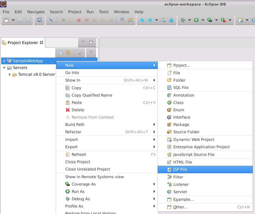 Screenshot of Eclipse with the user creating a new JSP file for the dynamic web project.