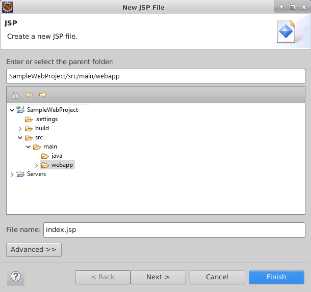 Screenshot of the New JSP File wizard in Eclipse, showing the JSP page.