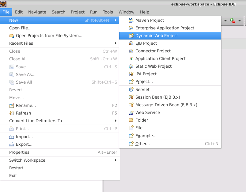 Screenshot of the File menu in Eclipse. The user has selected the Dynamic Web Project command.