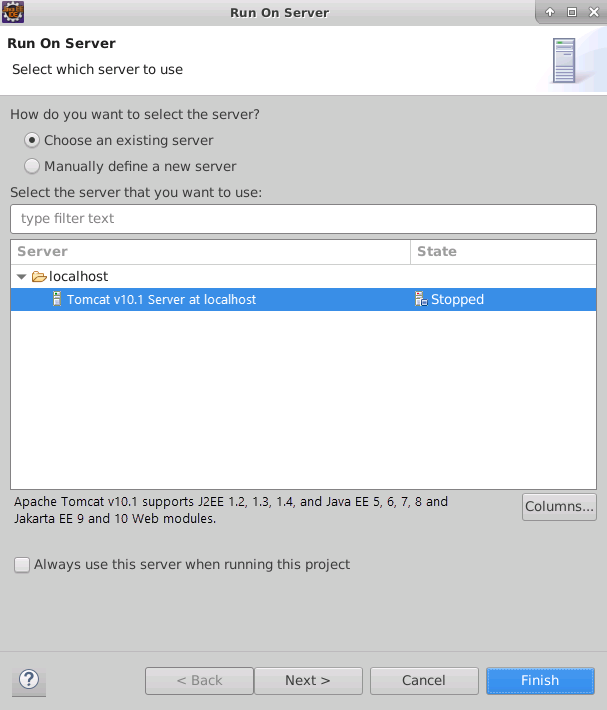 Screenshot of the Run On Server wizard in Eclipse. The user has selected the Tomcat v8.0 Server at localhost server.