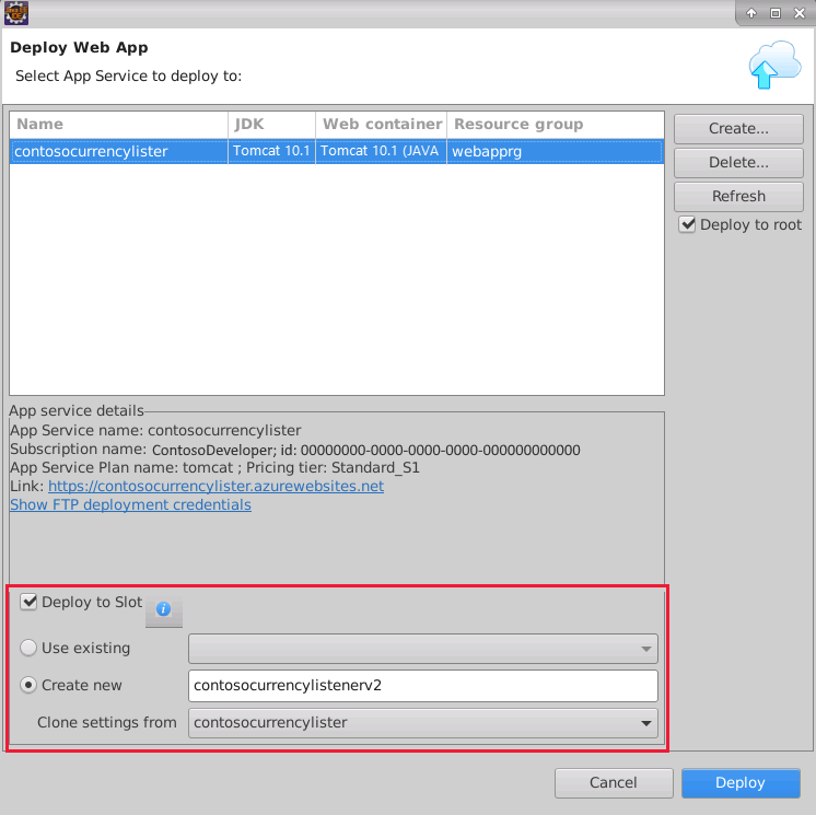 Screenshot showing the Deploy Web App wizard where the user is deploying the web app to a new deployment slot.