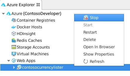 Screenshot of the Azure Explorer window where the user selected the Stop command for a web app.