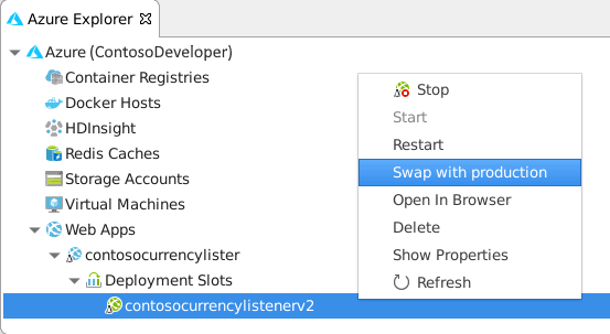 Screenshot showing the Azure Explorer window, swapping the web app in the version 2 deployment slot with the production slot.