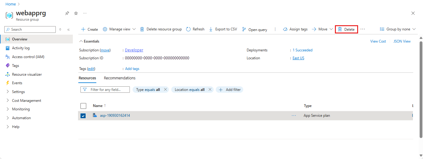 Screenshot of the Azure portal. The user is deleting the app service plan.