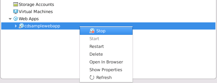 Screenshot of the context menu for the web app in the Azure Explorer window.