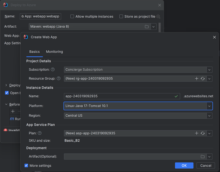 Screenshot of setting up a new Azure web app in IntelliJ IDEA.