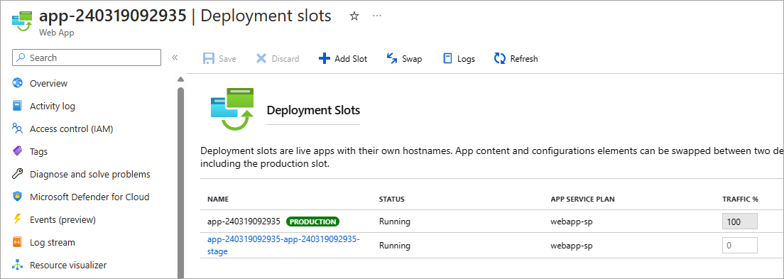 Screenshot of swapping deployment slots using the Azure portal.