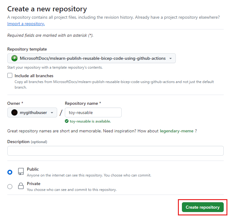 Screenshot of the GitHub interface that shows the repo creation page.