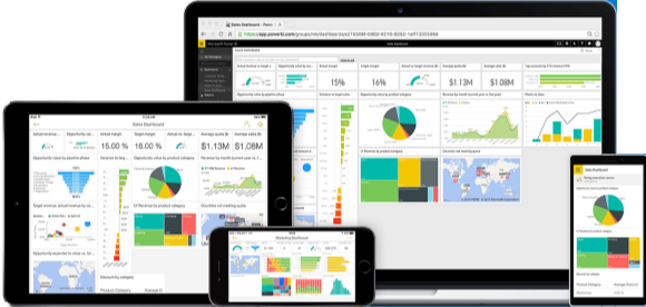Photo of phones and tablets running the Power BI mobile apps.