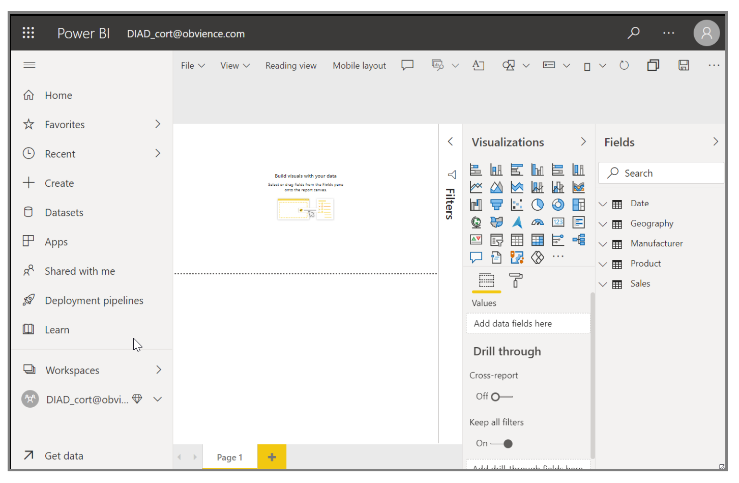 Screenshot of Power BI with an imported dashboard.