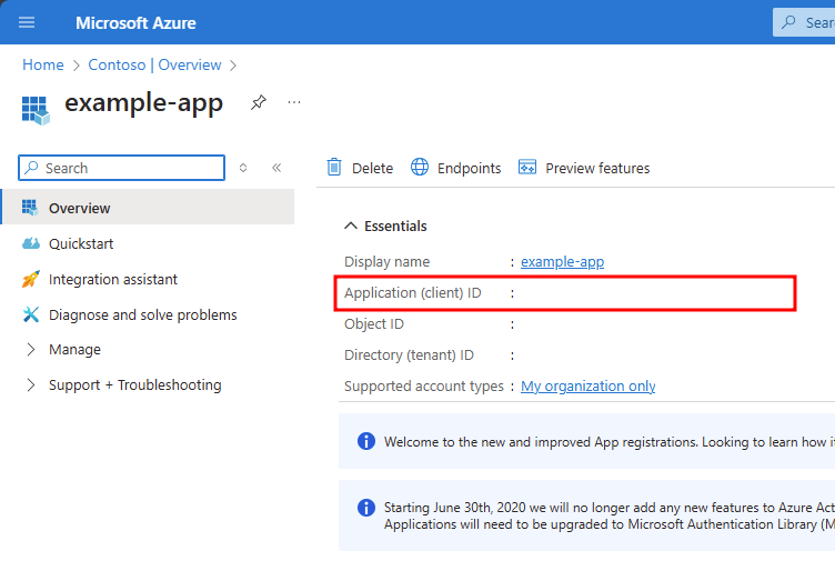 Screenshot highlighting Application (client) ID on the application's overview page.