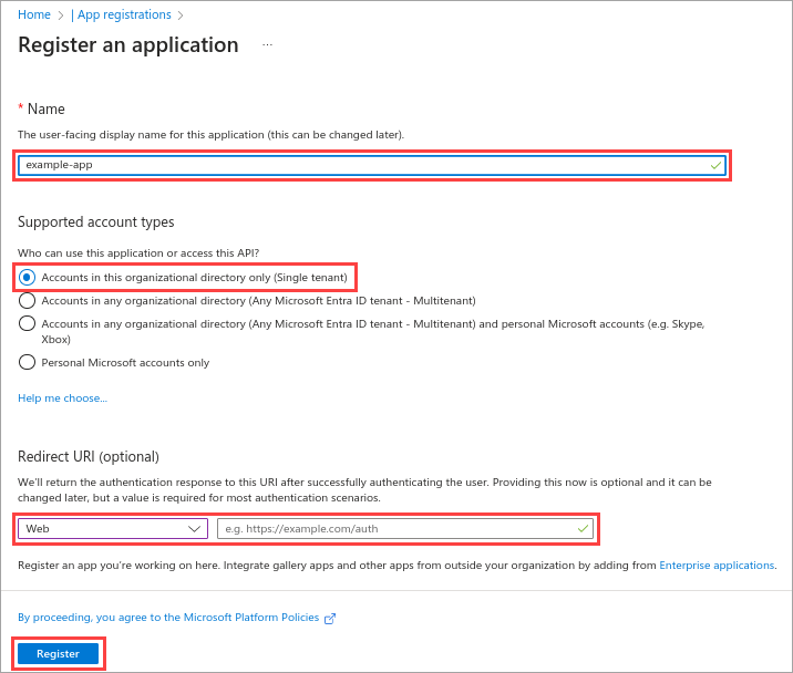 Screenshot of the Register an application screen, showing the Name, Supported account types, and Redirect URI options.