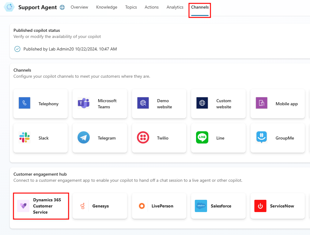 Screenshot highlighting the Agent transfers option, showing the Omnichannel tile being selected.