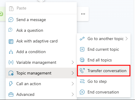 Screenshot showing how to end the conversation with a survey or transfer to an agent.