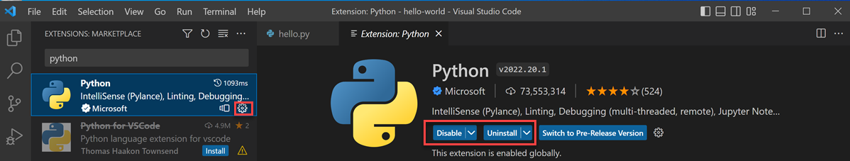 Screenshot of the Extensions panel for Windows with Python extension installed.