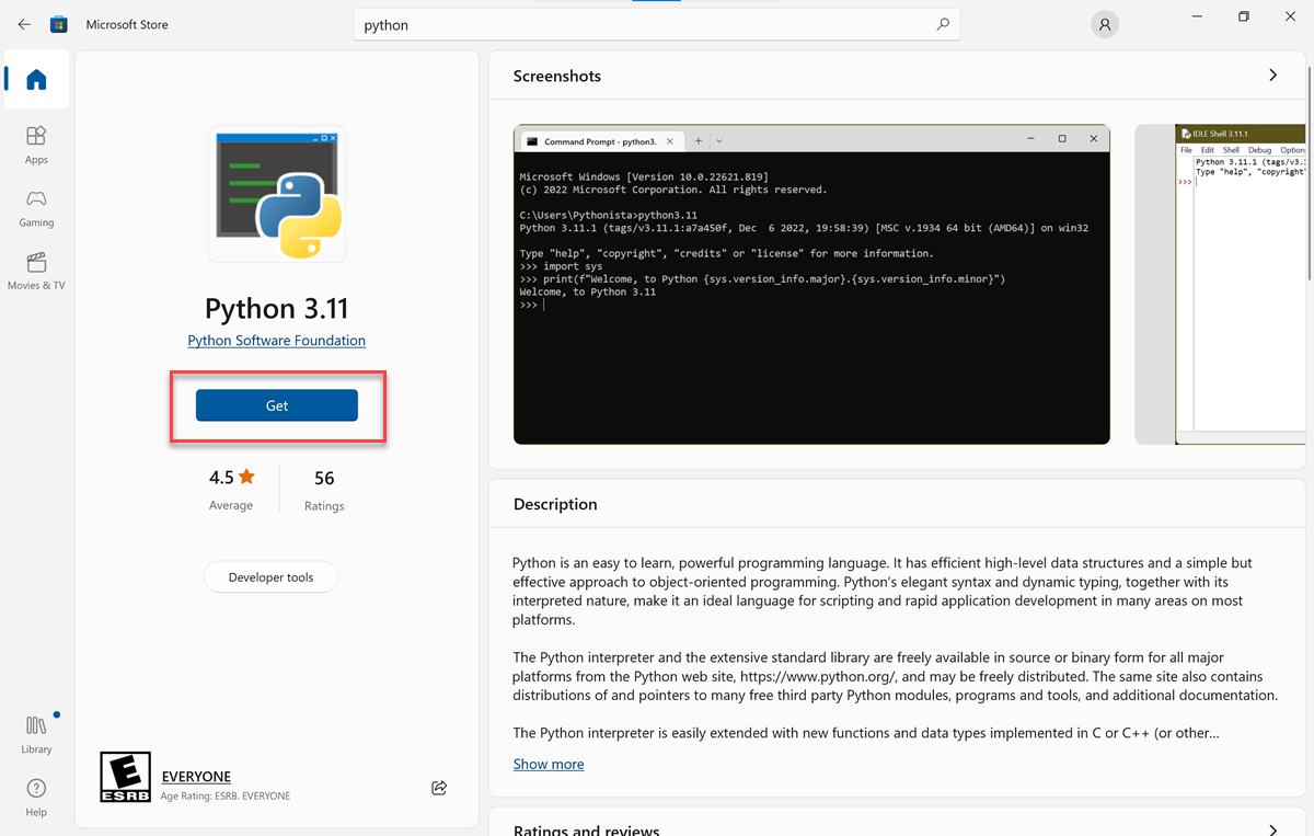 Screenshot of the Python Home tab in the Microsoft Store with Install highlighted.