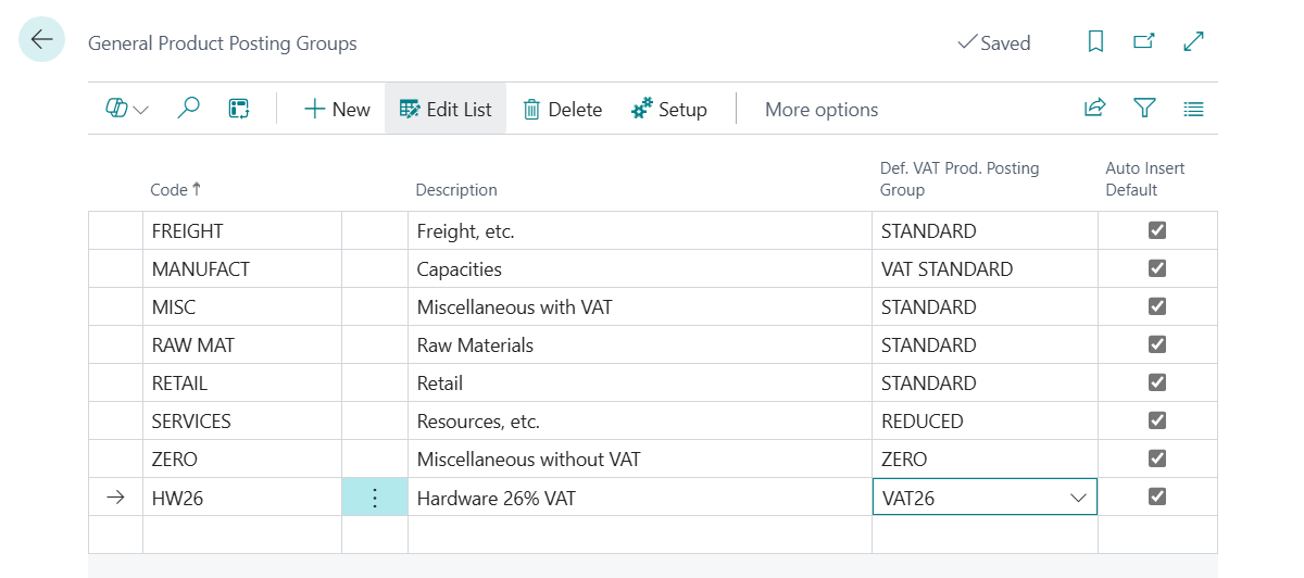 Screenshot of the new general product posting groups window.