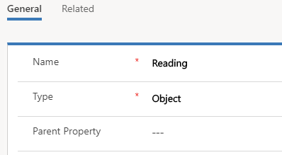 Screenshot of Reading as the Parent property and Type set to Object.