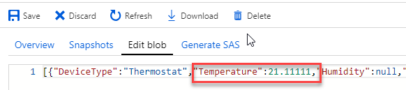 Screenshot of the temperature property with the new value highlighted.