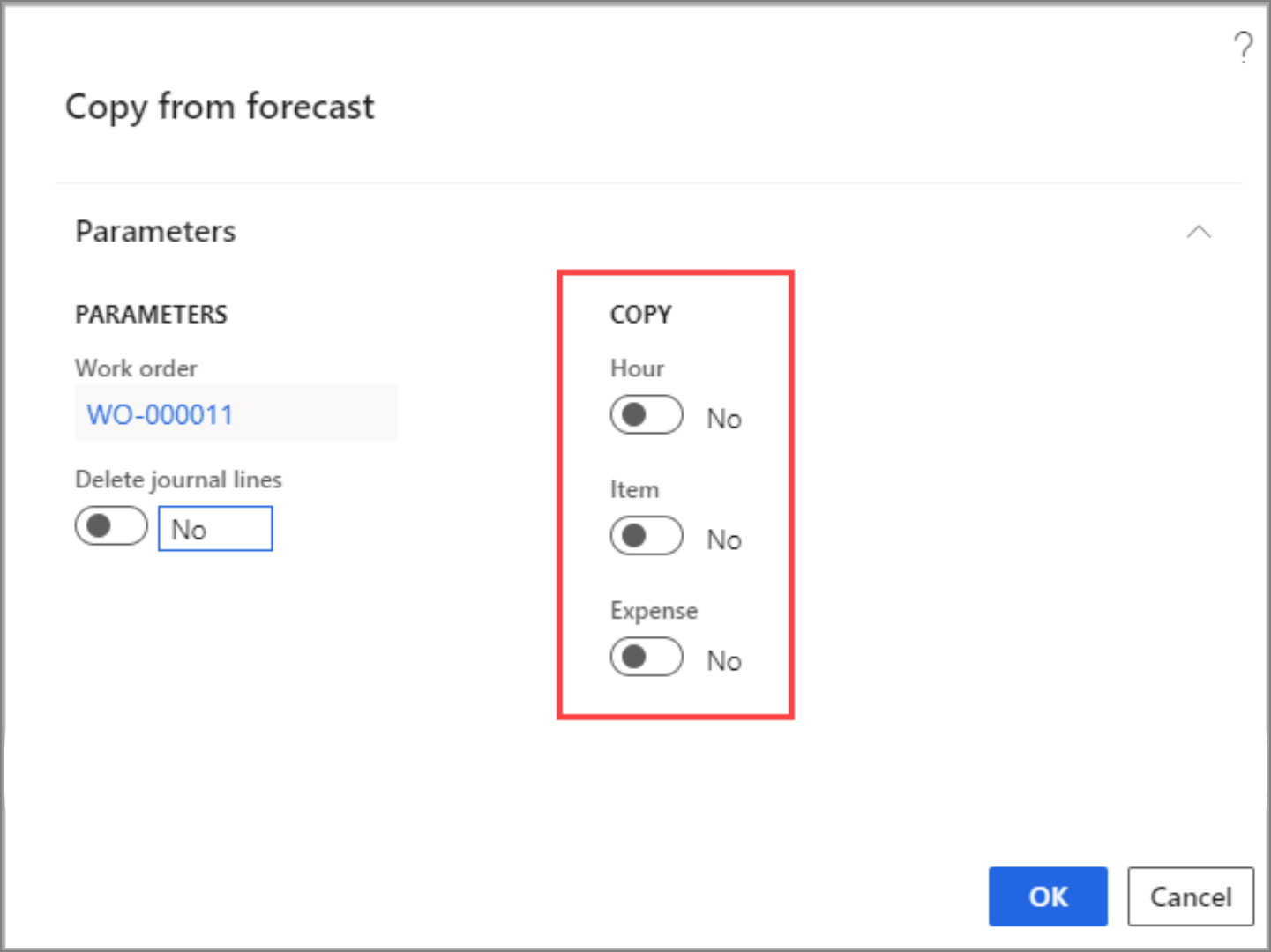 Screenshot of the Copy from forecast page with copy details.