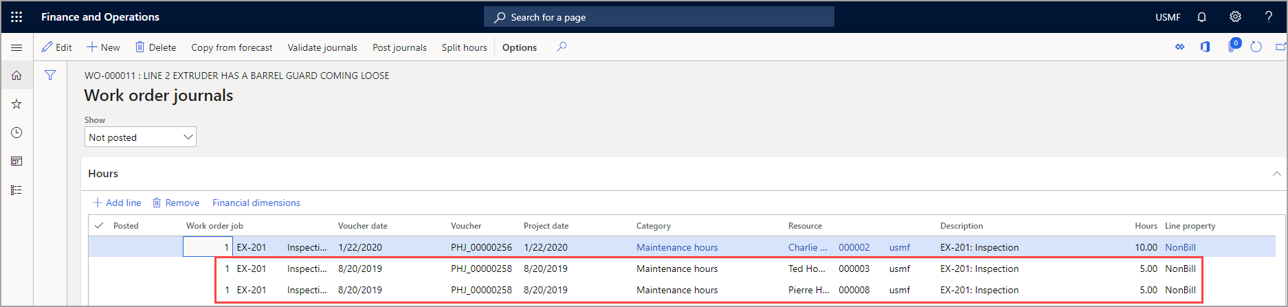 Screenshot of the Work order journals page with jobs highlighted.
