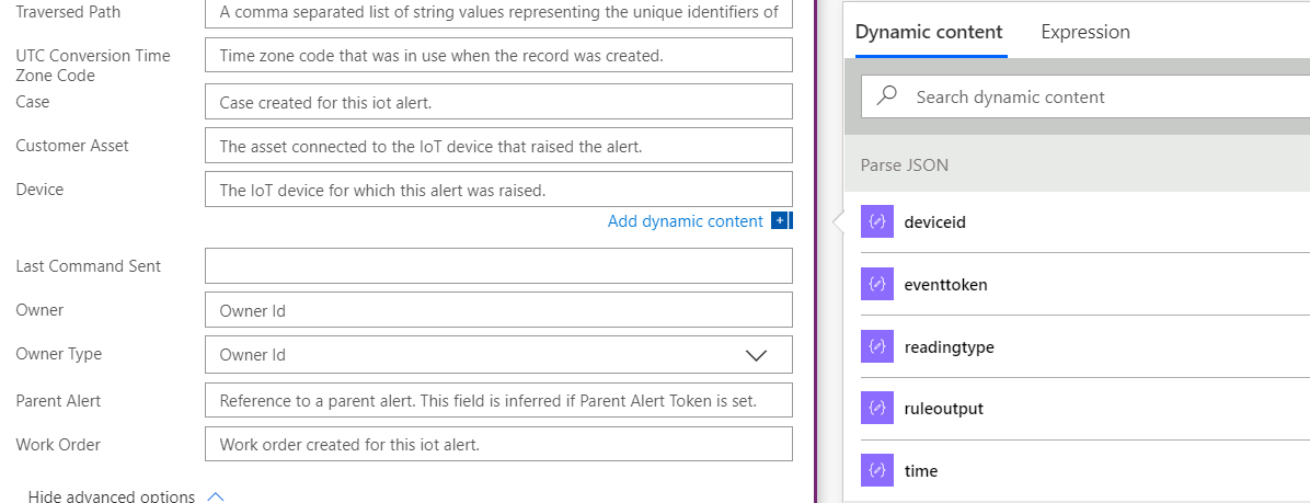 Screenshot of data populated fields in the IoT Alert.