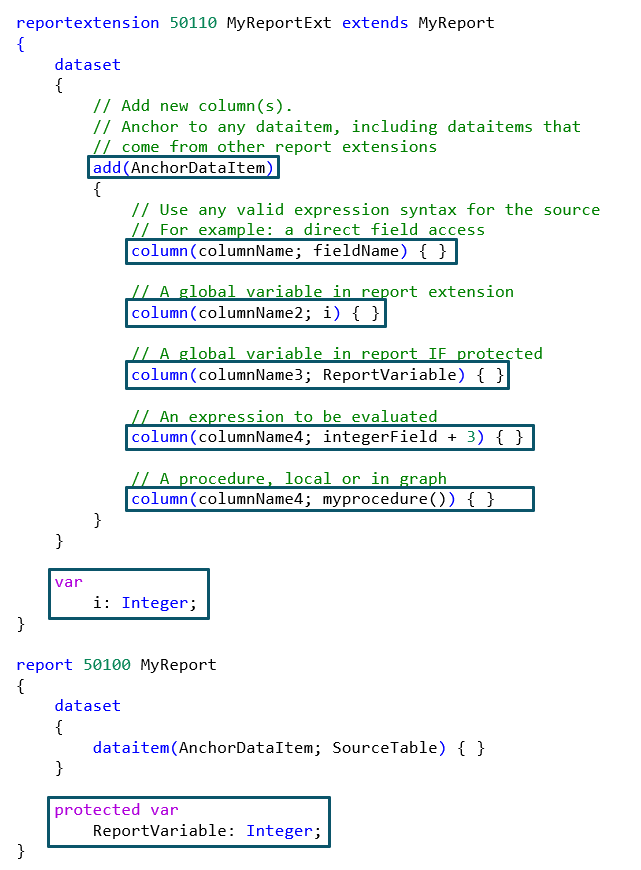 Screenshot of an example of how to add columns to an existing data item.