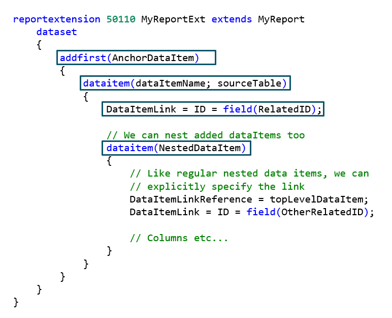 Screenshot of a code example with a new section for adding data items.