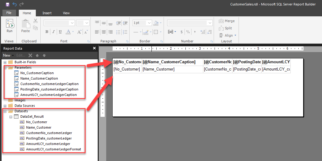 Screenshot of the customer sales report layout.