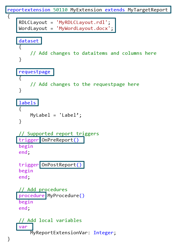 Screenshot of the report extension sections.