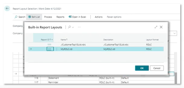 Screenshot of a built-in report layout dialog.