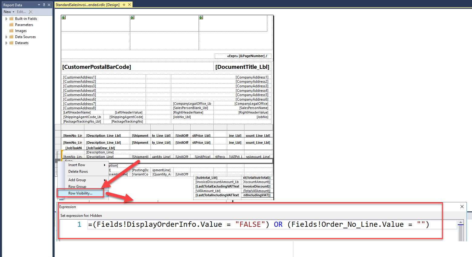 Screenshot of the new details row and row visibility expressions in the table.