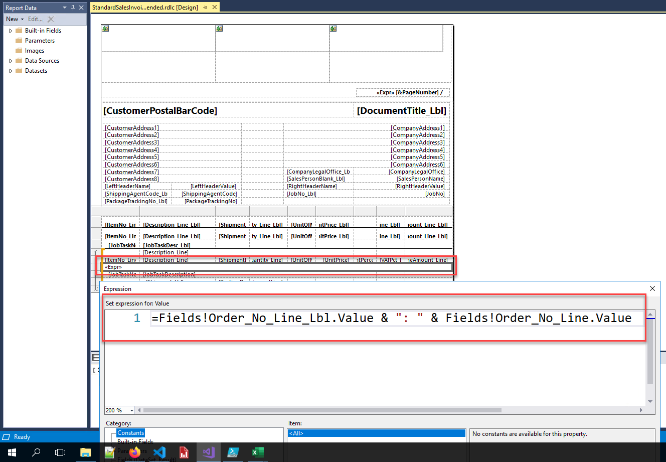 Screenshot of the Order Number field added to the report layout.