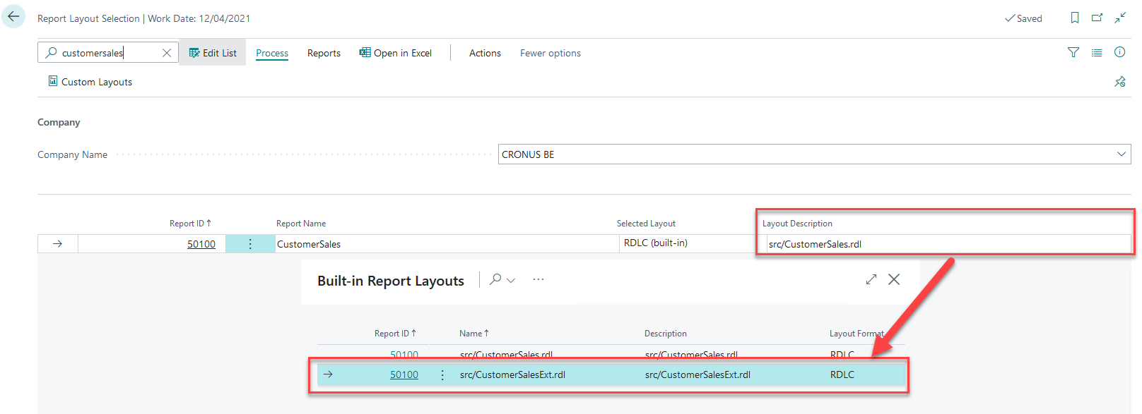 Screenshot of the Report Layout Selection page.
