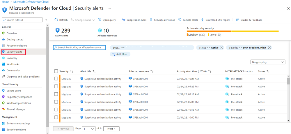 Screenshot that shows the security alerts pane in Defender for Cloud.