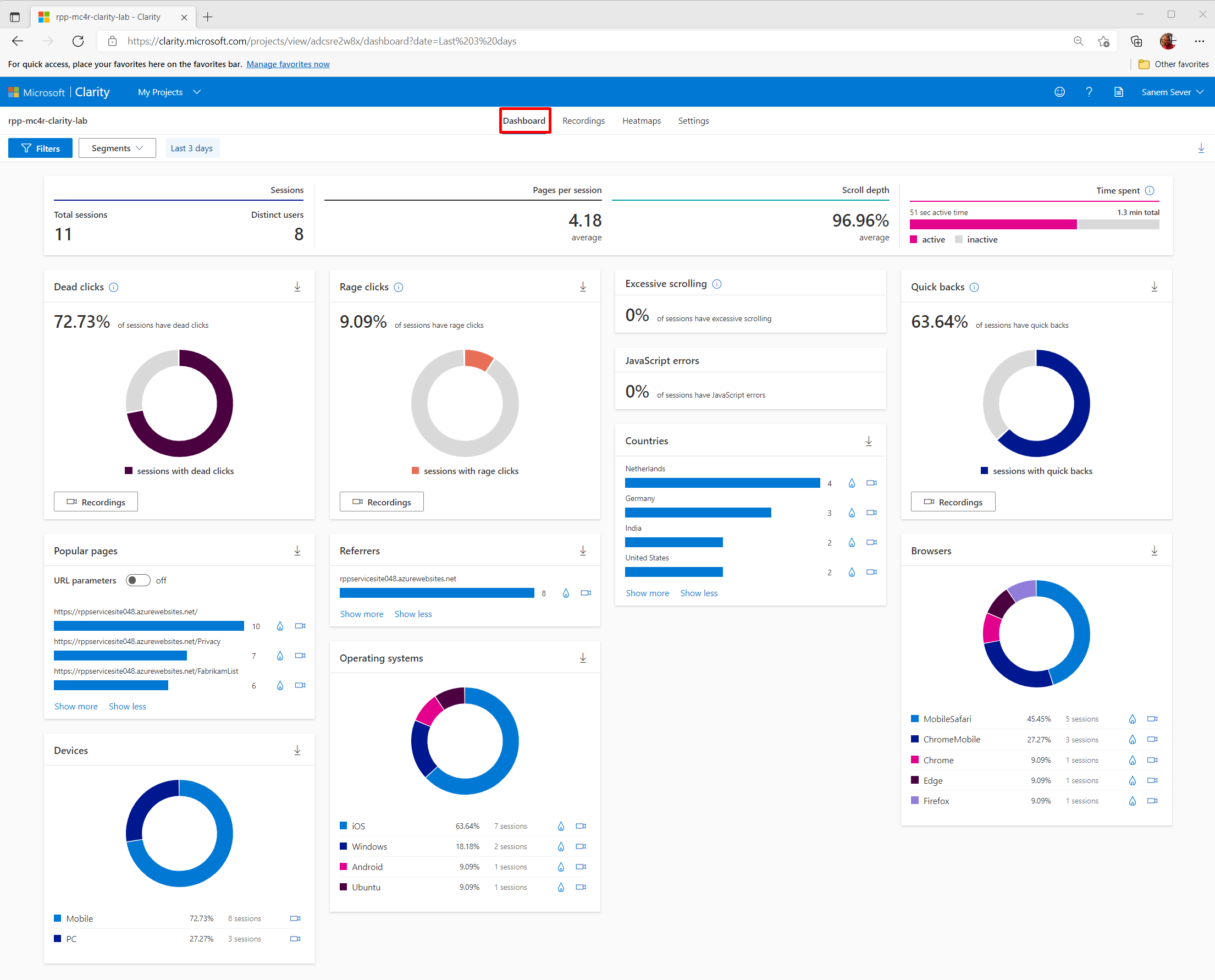 Screenshot of the Dashboard view in Clarity.