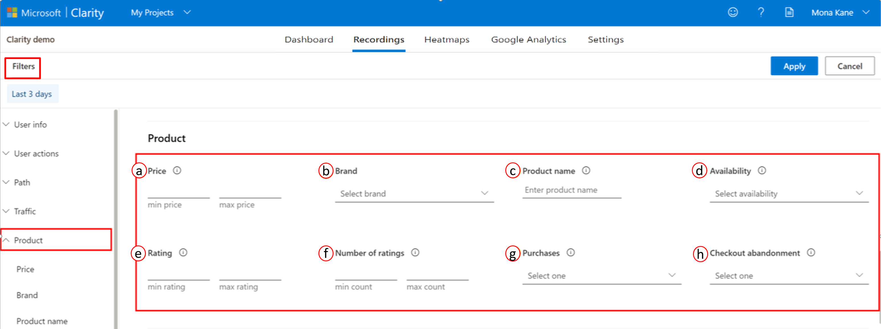 Screenshot of the extra product filters.