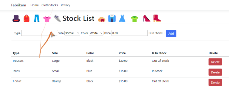 Screenshot of the Stock List view.