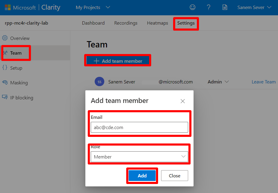 Screenshot of the Team management options.