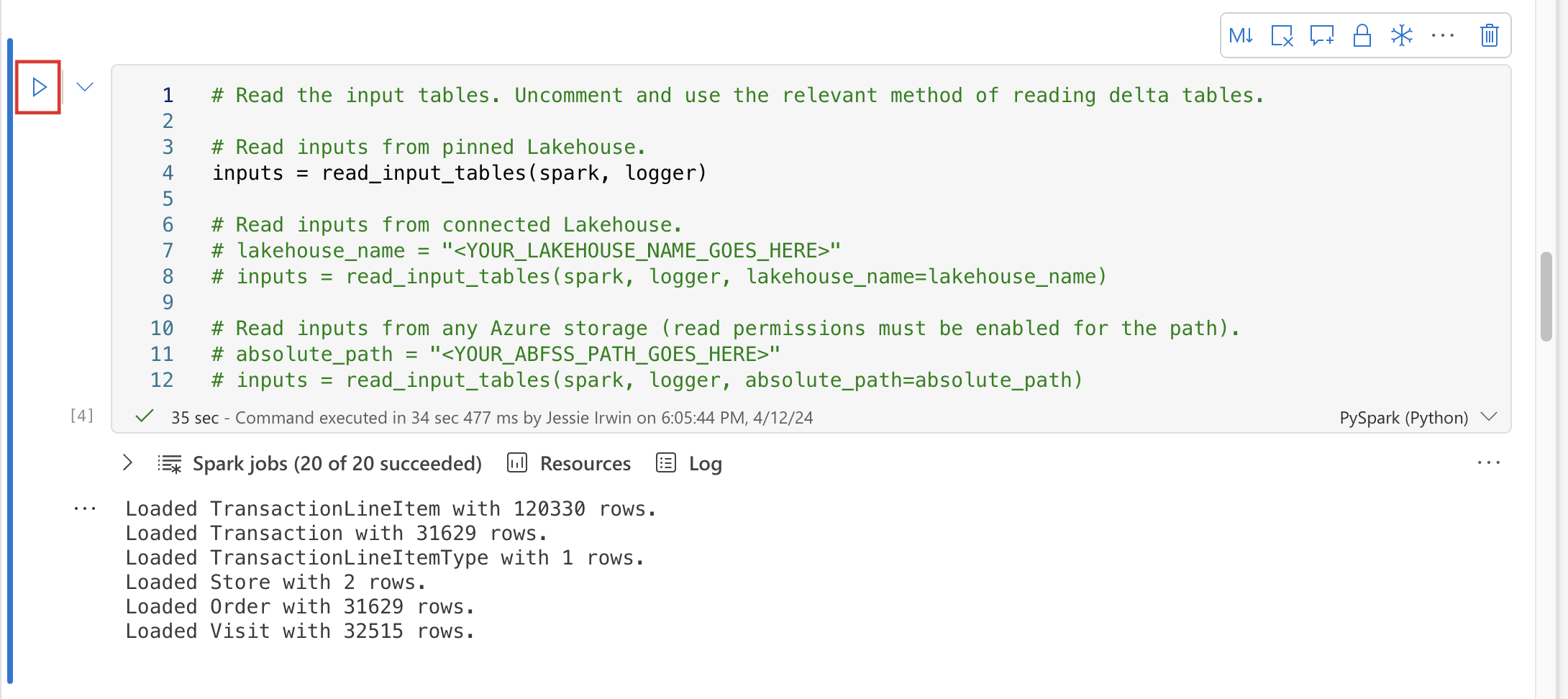Screenshot of the run button to connect to the Lakehouse.