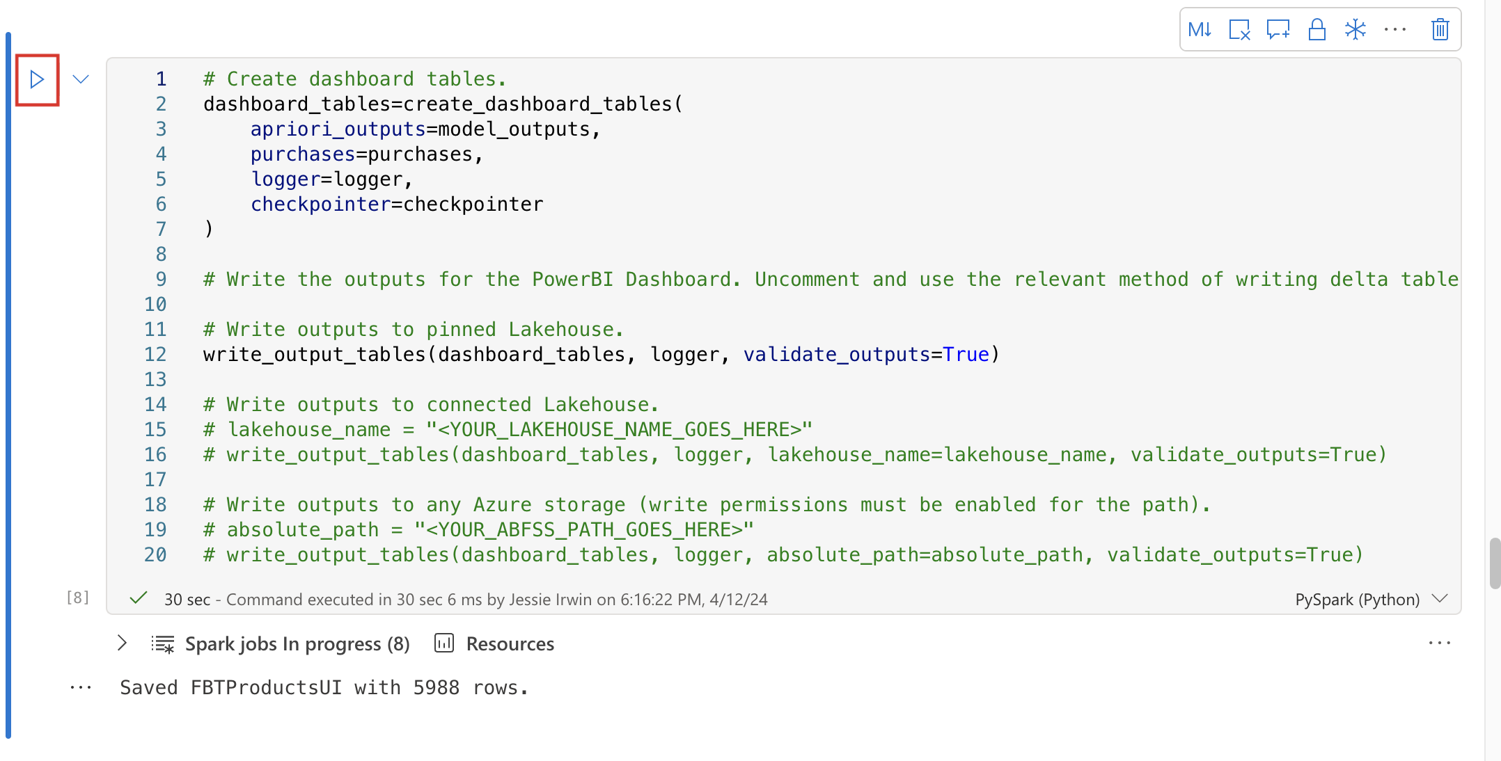 Screenshot of the run button to create dashboard tables.