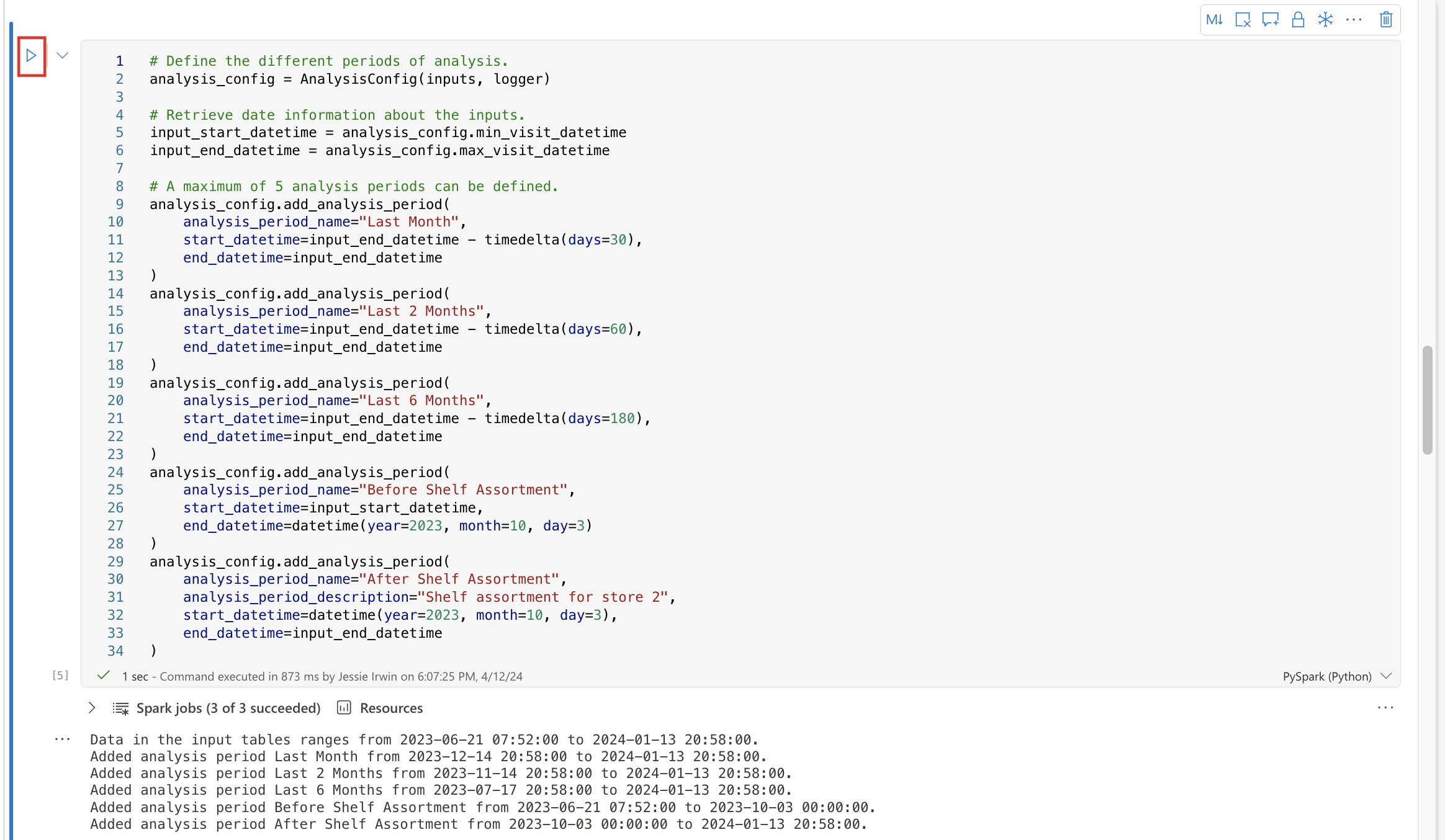 Screenshot of the run button to define analysis periods.