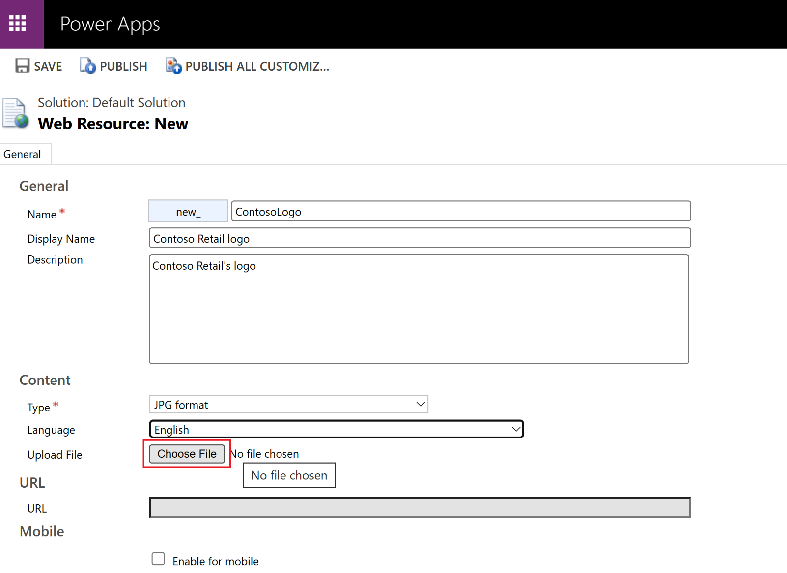 Screenshot of the Web Resource: New page in Power Apps with focus on the Choose File button.