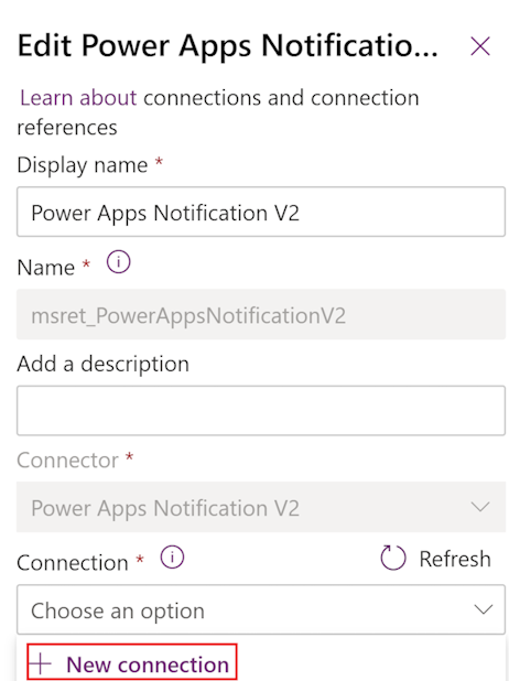 Screenshot of Edit Power Apps Notifications with focus on the New connection option.