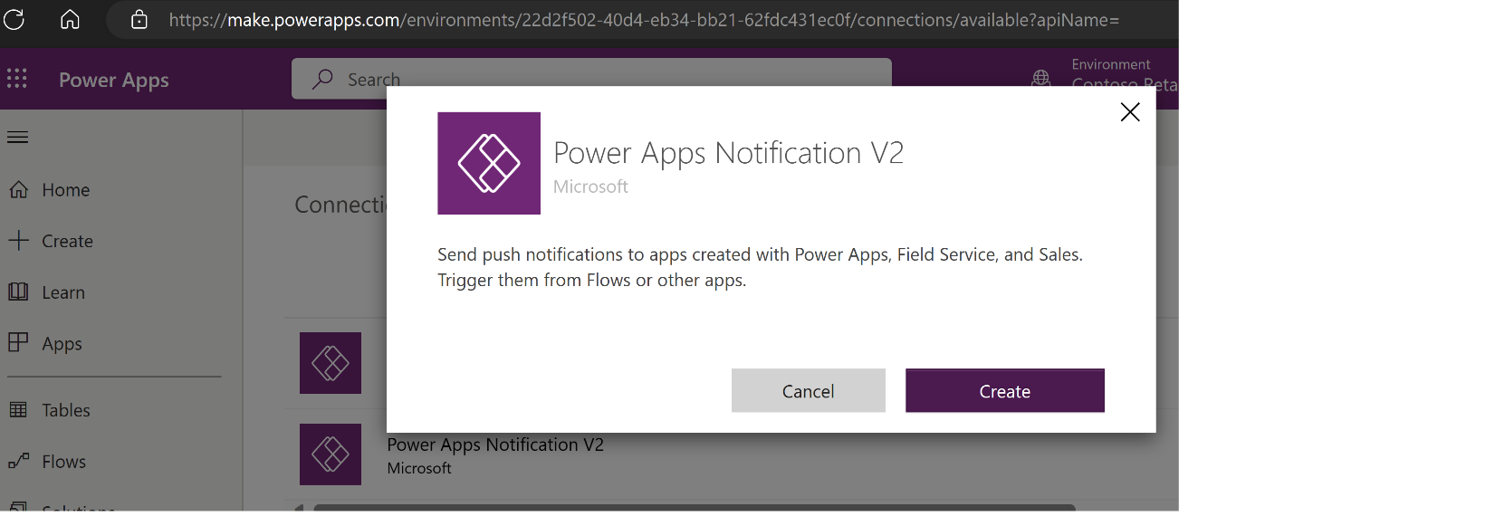 Screenshot of Power Apps Notification V 2 pop-up window, showing the Create button.