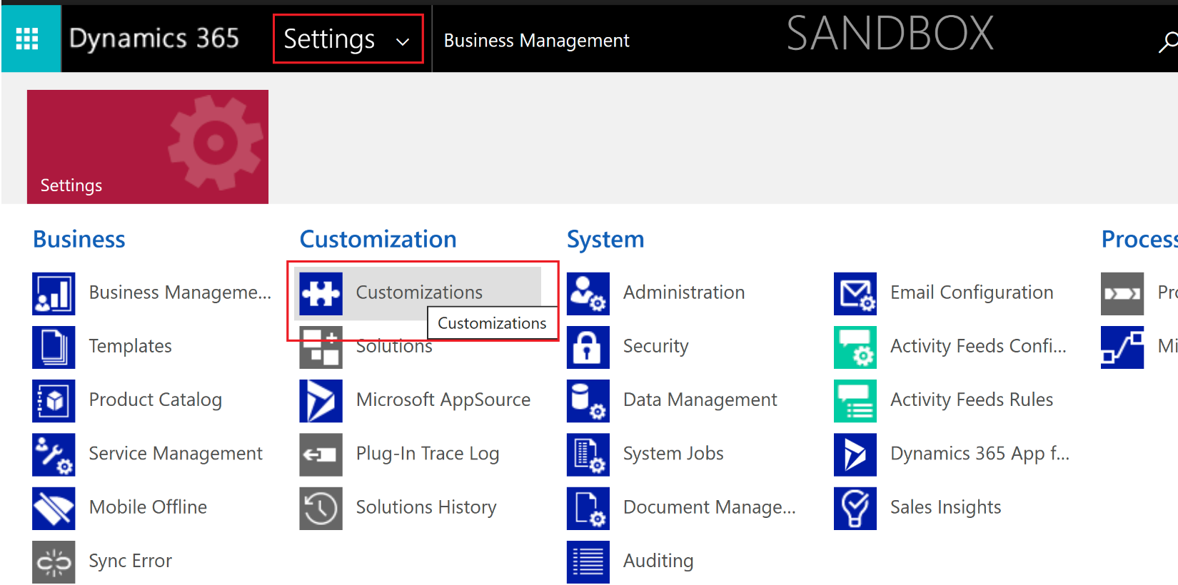 Screenshot of Settings with focus on Customizations.